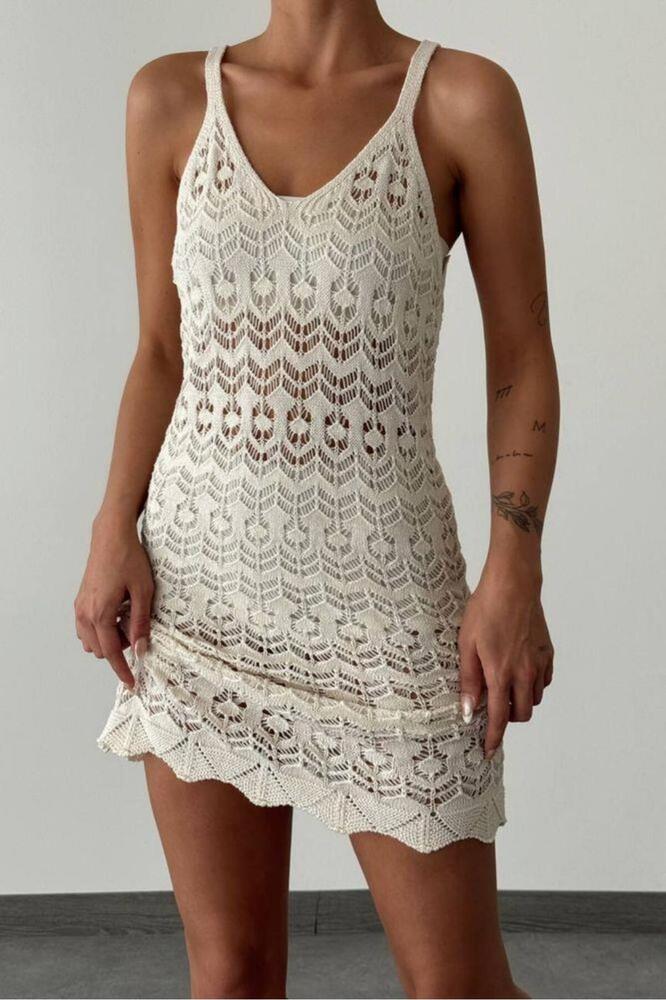 Kadın Ajurlu Askılı Krem Plaj Elbisesi