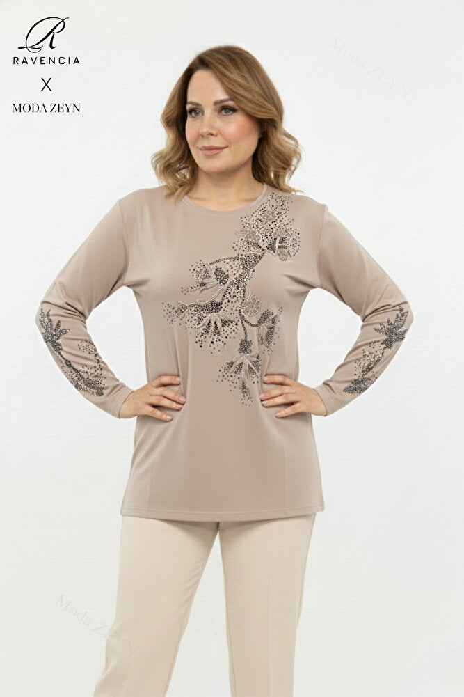 Kadın Orta Yaş Ve Üzeri Viskon Yapraklı Desen Taşlı Yırtmaçlı İşlemeli Likralı Anne Penye Bluz