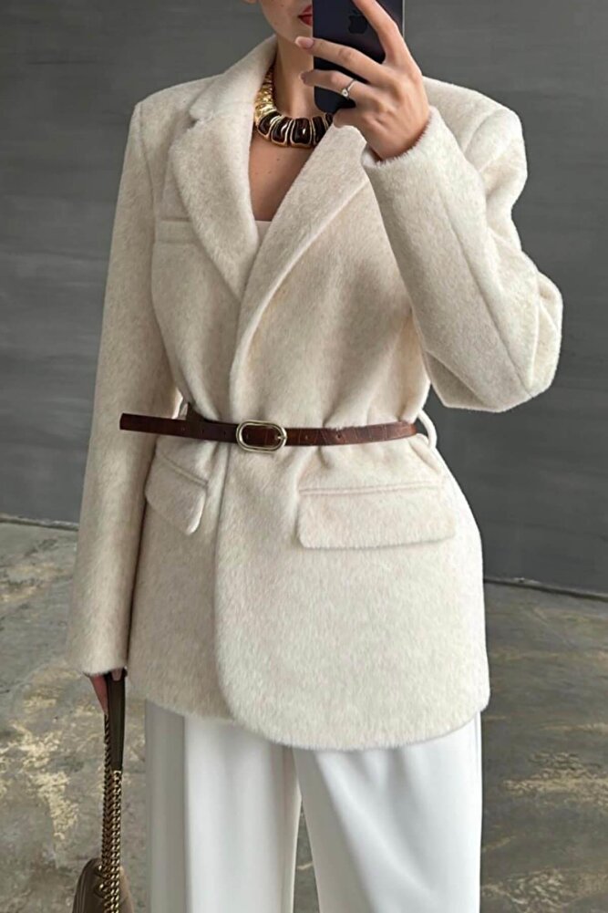 Kadın Premium Kalite Kemerli Peluş Blazer Ceket