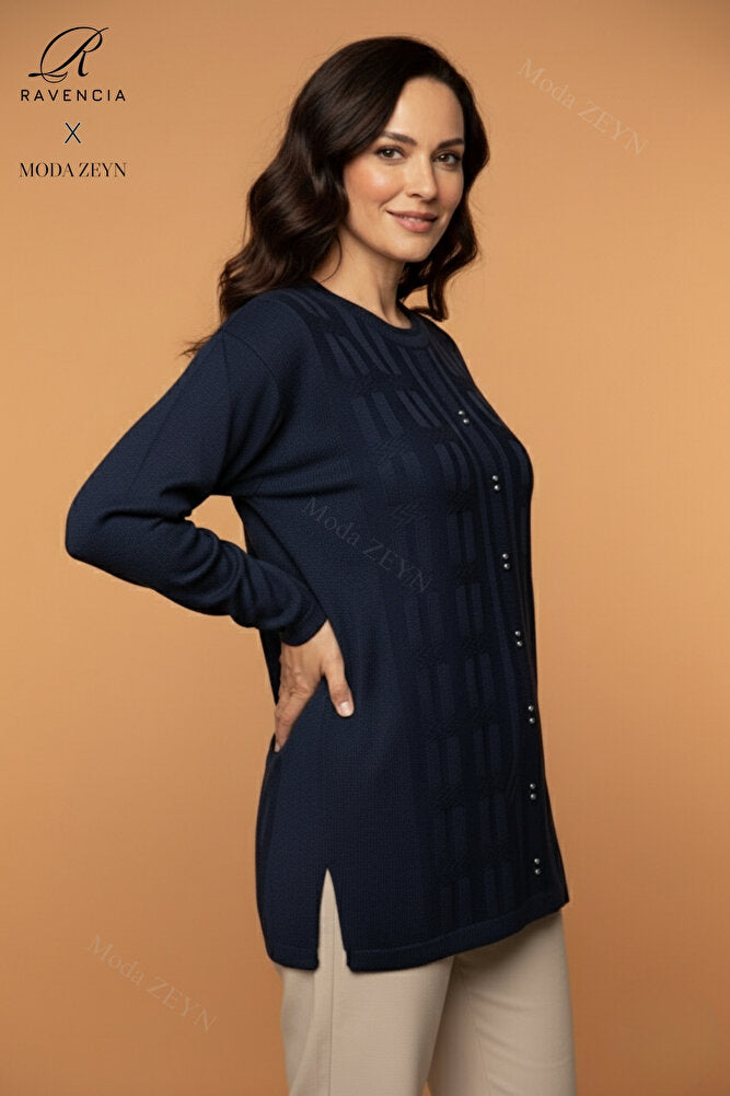 Kadın Bisiklet Yaka Likralı Desenli Triko Anne Kazak