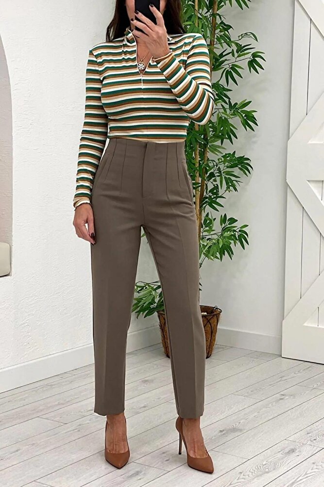 Kadın Model Yüksek Bel Kumaş Koyu Kırmızı Pantolon