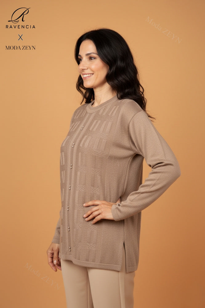 Kadın Bisiklet Yaka Likralı Desenli Triko Anne Kazak