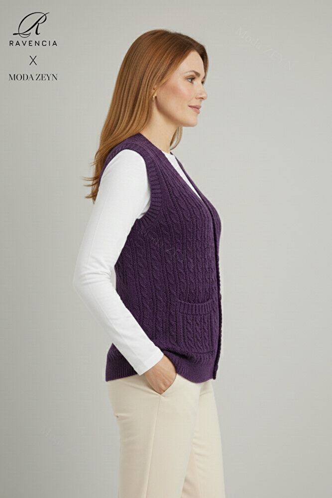 Kadın V Yaka Kalın Yün Saç Örgü Triko Düğmeli Cepli Anne Yelek