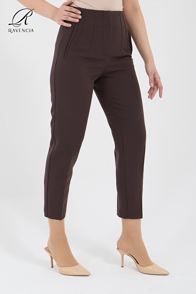 Kadın Model Yüksek Bel Kumaş Koyu Kırmızı Pantolon