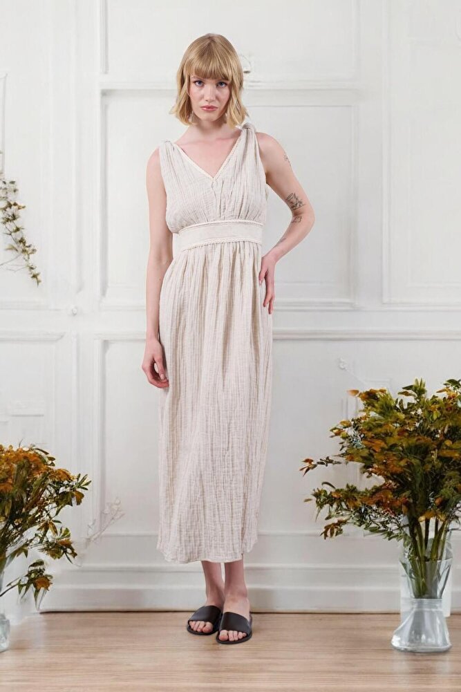 Kadın Yırtmaçlı Keten Taş Rengi Elbise