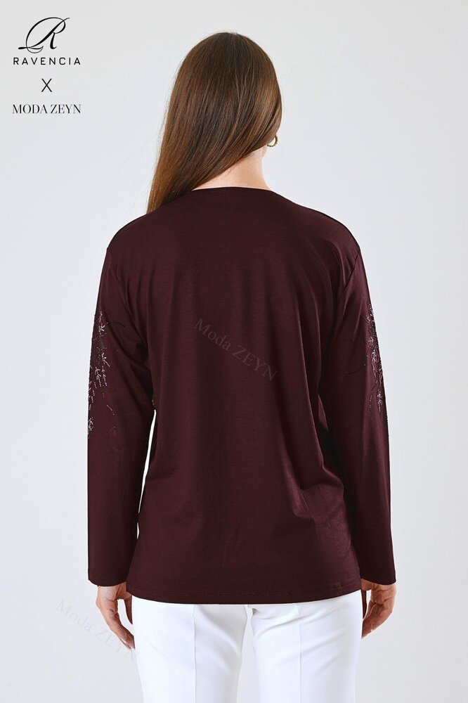 Kadın Orta Yaş Ve Üzeri Viskon Çiçek Desen Taşlı Işlemeli Likralı Anne Penye Bluz