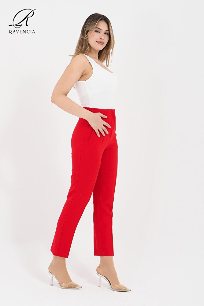 Kadın Model Yüksek Bel Kumaş Koyu Kırmızı Pantolon