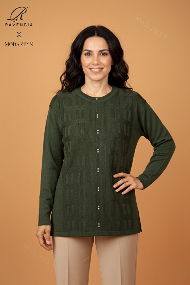 Kadın Bisiklet Yaka Likralı Desenli Triko Anne Kazak