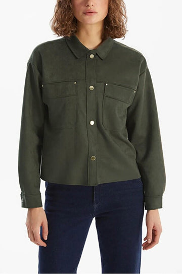 Kadın Gold Düğme Detaylı Haki Süet Gömlek