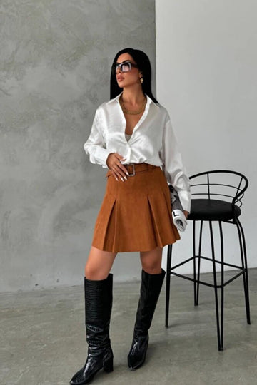 Kadın Taba Kemerli Pileli Mini Süet Etek