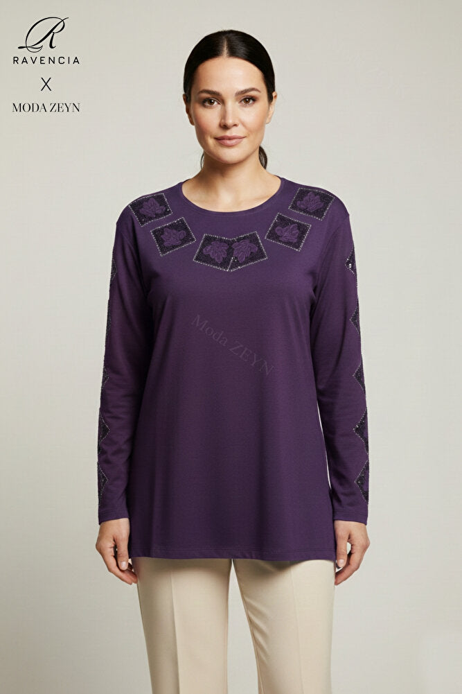 Kadın Orta Yaş Ve Üzeri Viskon Kare Taşlı Yırtmaçlı İşlemeli Likralı Anne Penye Bluz