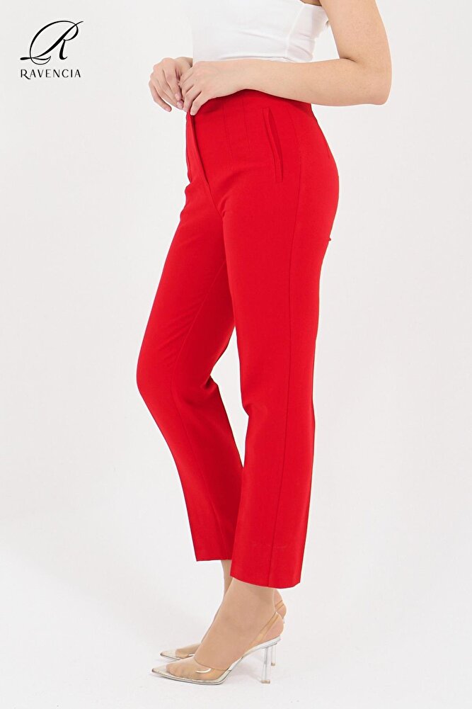 Kadın Model Yüksek Bel Kumaş Koyu Kırmızı Pantolon