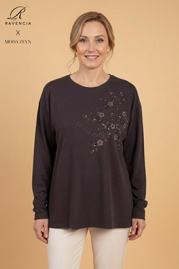 Kadın Çiçek Desenli Taşlı Likralı Yırtmaçlı Yün Anne Penye Bluz