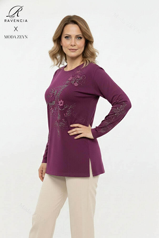 Kadın Orta Yaş Ve Üzeri Viskon Yapraklı Desen Taşlı Yırtmaçlı İşlemeli Likralı Anne Penye Bluz