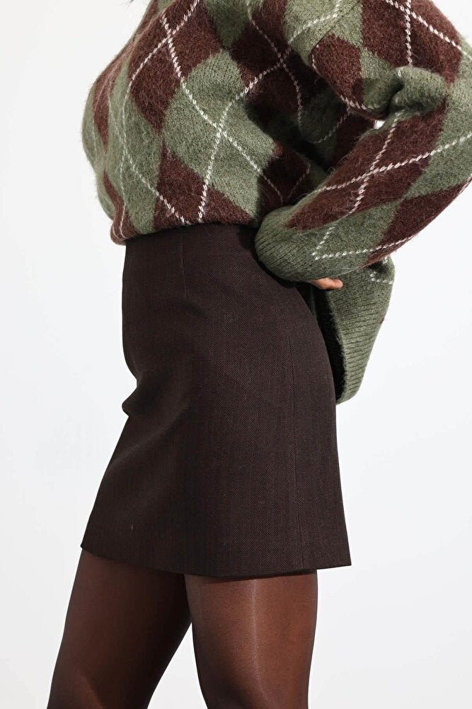 Kadın Balıksırtı Desenli Kaşe Acı Kahve Etek