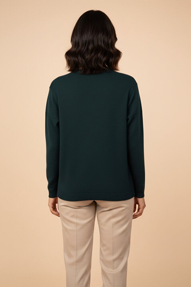 Kadın Bisiklet Yaka Likralı Desenli Triko Anne Kazak