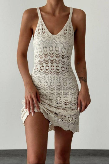 Kadın Ajurlu Askılı Krem Plaj Elbisesi