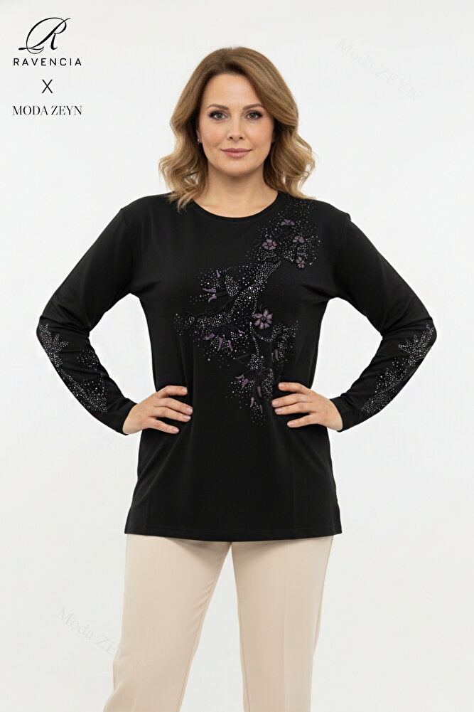 Kadın Orta Yaş Ve Üzeri Viskon Yapraklı Desen Taşlı Yırtmaçlı İşlemeli Likralı Anne Penye Bluz