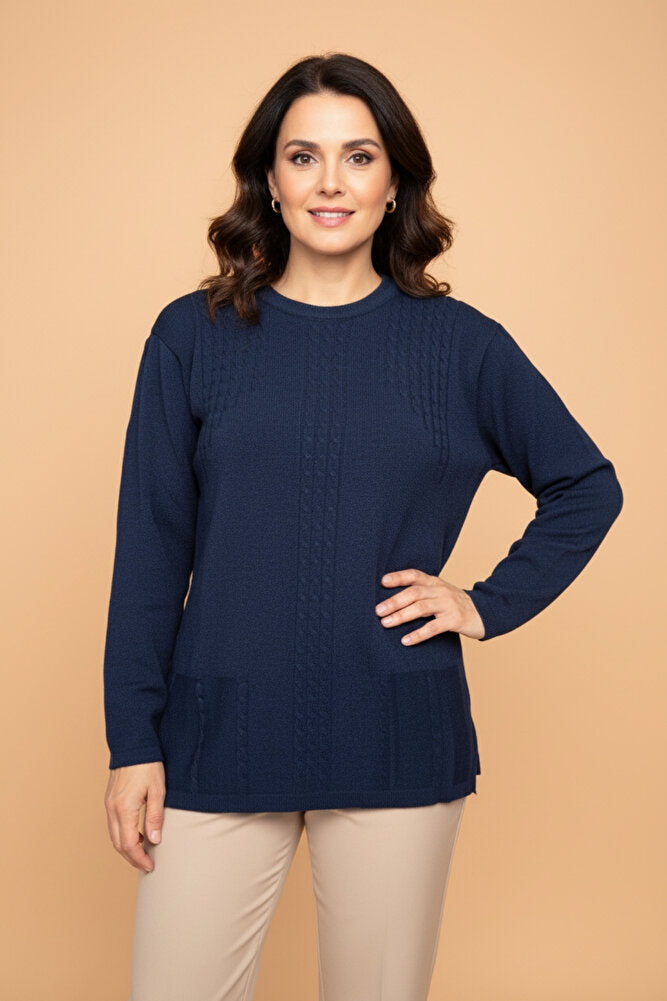 Kadın Bisiklet Yaka Likralı Desenli Triko Anne Kazak