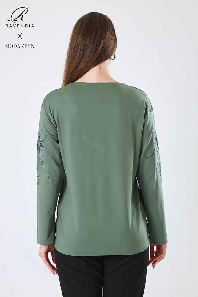 Kadın Orta Yaş Ve Üzeri Viskon Çiçek Desen Taşlı Işlemeli Likralı Anne Penye Bluz