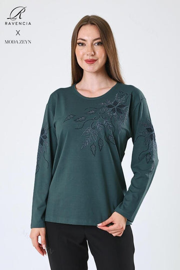 Kadın Orta Yaş Ve Üzeri Viskon Çiçek Desen Taşlı Işlemeli Likralı Anne Penye Bluz