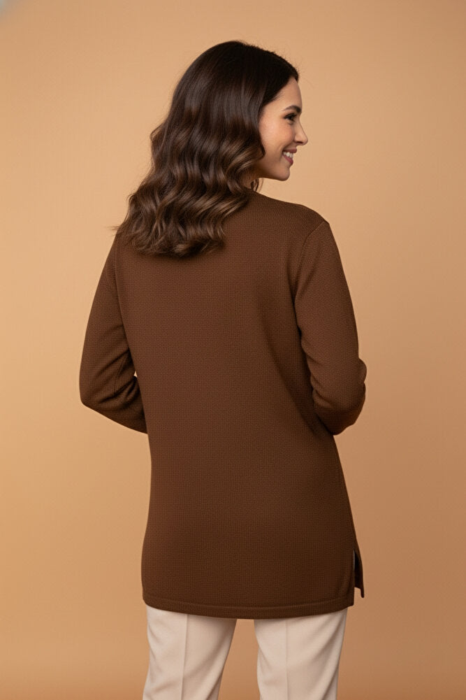 Kadın Bisiklet Yaka Likralı Desenli Triko Anne Kazak