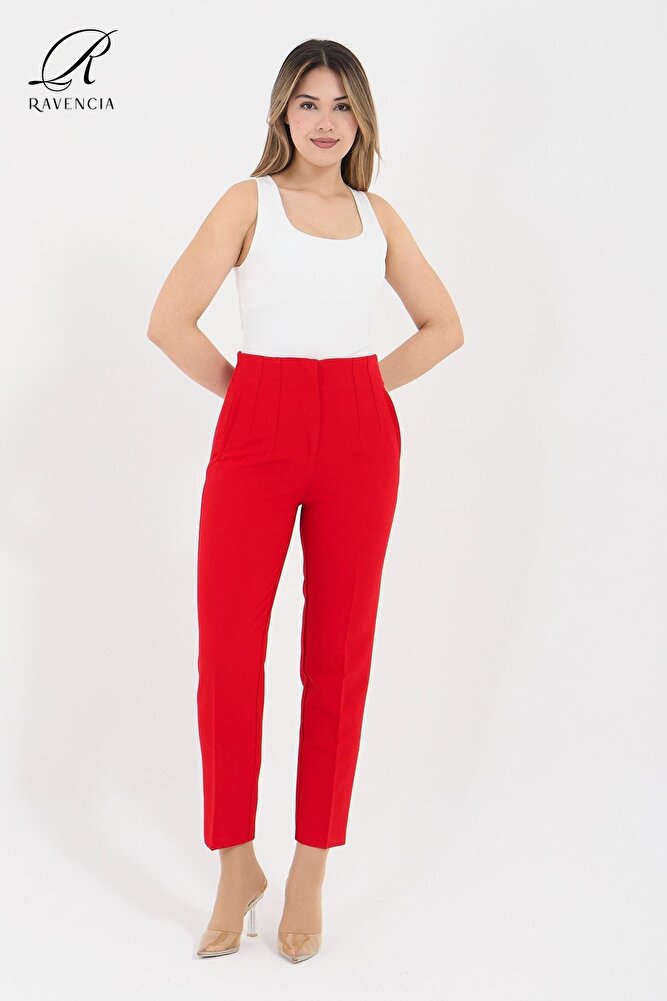Kadın Model Yüksek Bel Kumaş Koyu Kırmızı Pantolon