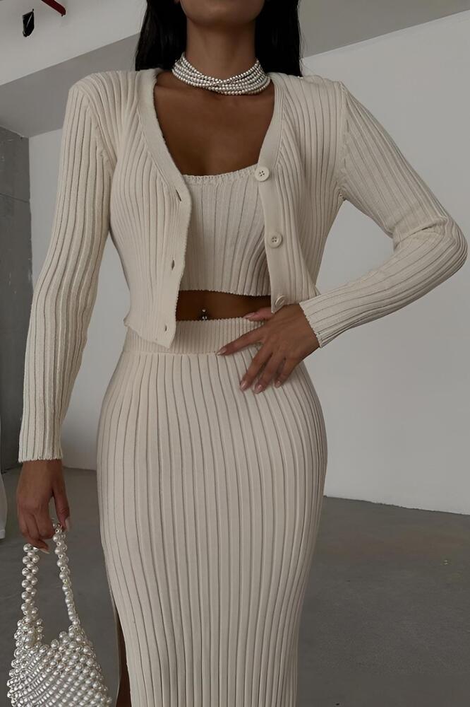 Kadın 3'lü Etek Crop Hırka Triko Takım