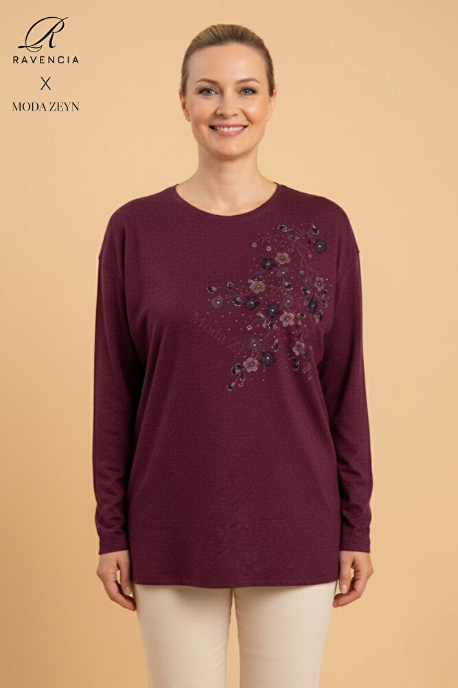 Kadın Çiçek Desenli Taşlı Likralı Yırtmaçlı Yün Anne Penye Bluz