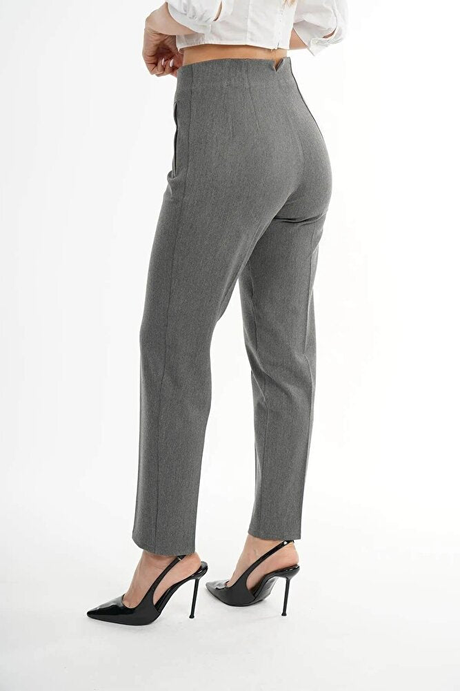 Kadın Model Yüksek Bel Kumaş Koyu Kırmızı Pantolon