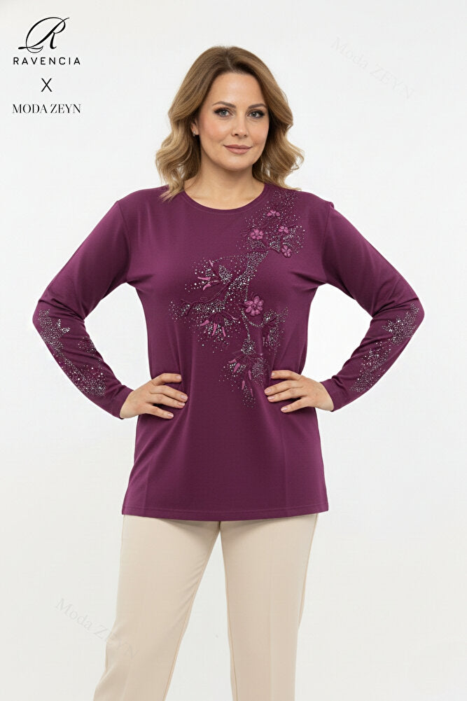 Kadın Orta Yaş Ve Üzeri Viskon Yapraklı Desen Taşlı Yırtmaçlı İşlemeli Likralı Anne Penye Bluz