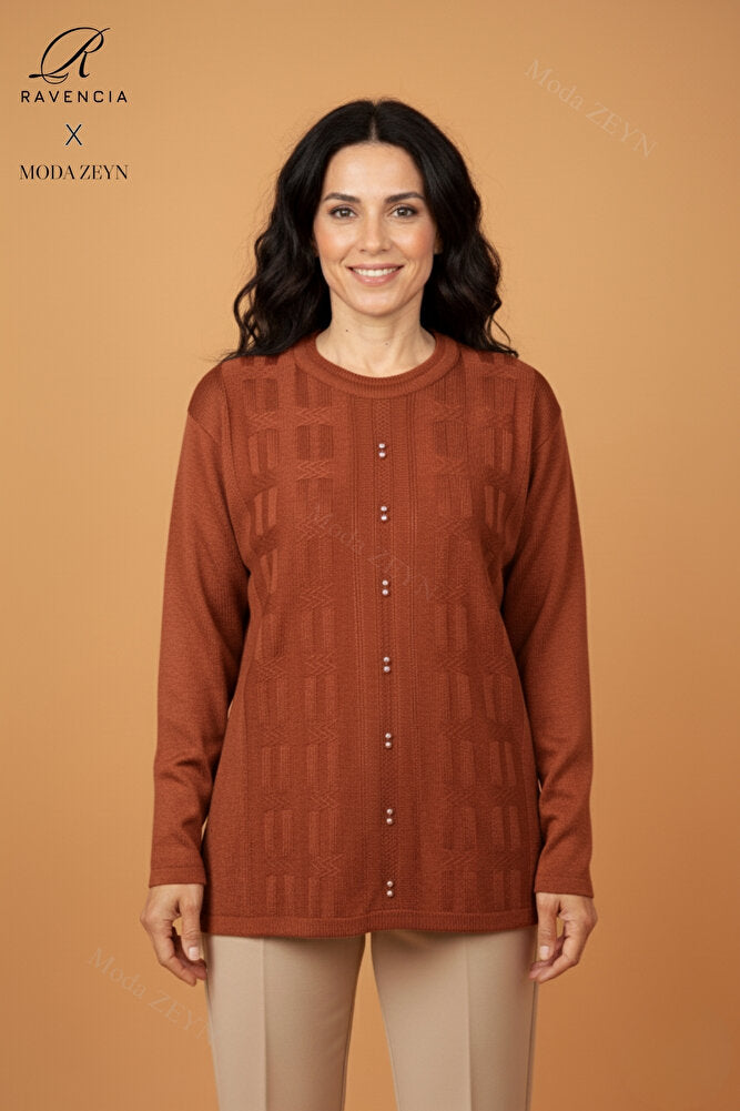 Kadın Bisiklet Yaka Likralı Desenli Triko Anne Kazak