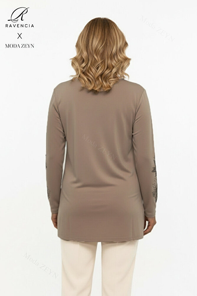 Kadın Orta Yaş Ve Üzeri Viskon Yapraklı Desen Taşlı Yırtmaçlı İşlemeli Likralı Anne Penye Bluz