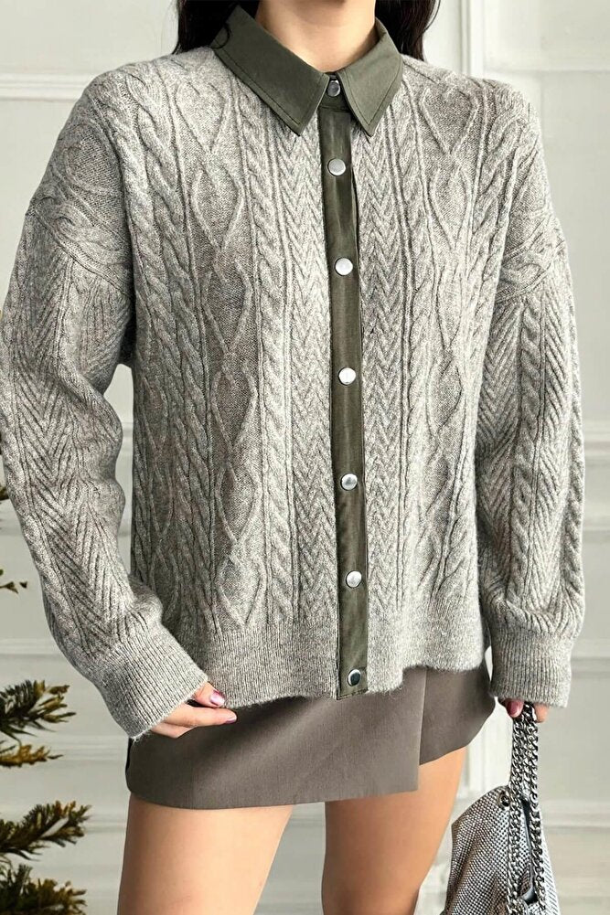 Kadın Vizon Polo Yakalı Çıtçıtlı Saç Örgü Triko Hırka