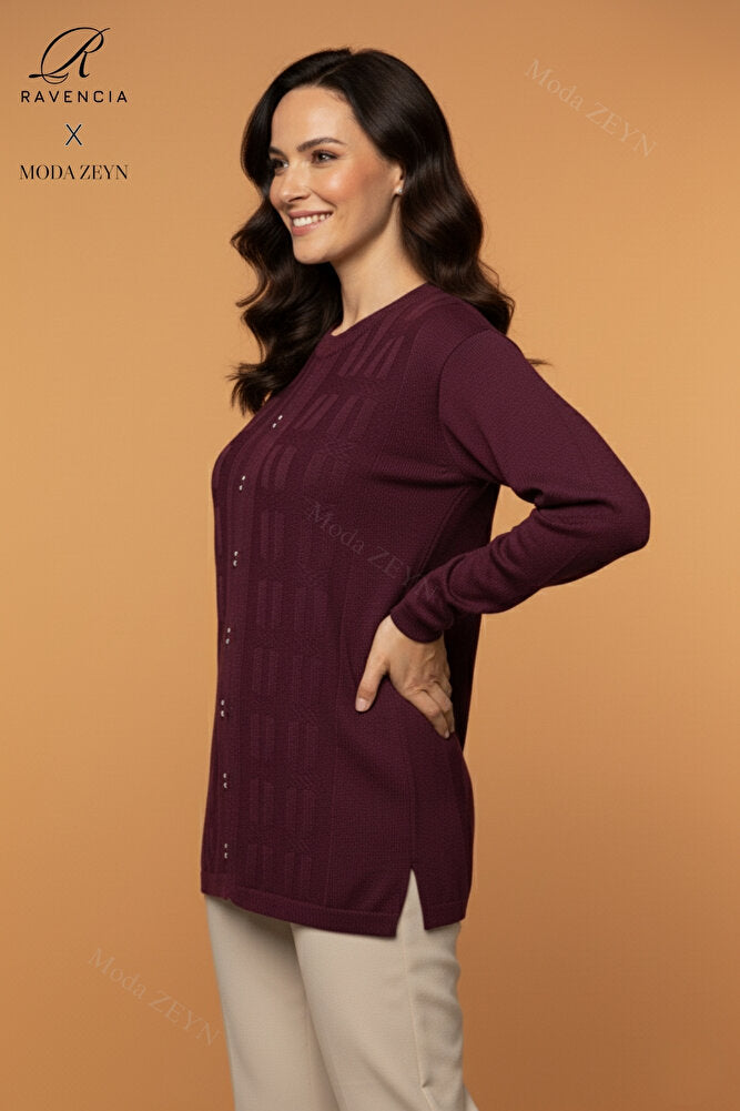 Kadın Bisiklet Yaka Likralı Desenli Triko Anne Kazak