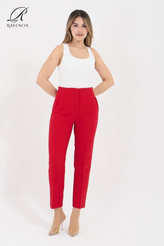 Kadın Model Yüksek Bel Kumaş Koyu Kırmızı Pantolon