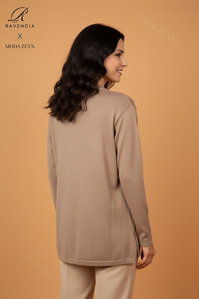 Kadın Bisiklet Yaka Likralı Desenli Triko Anne Kazak