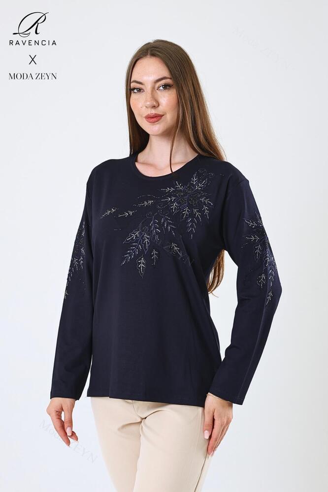 Kadın Orta Yaş Ve Üzeri Viskon Çiçek Desen Taşlı Işlemeli Likralı Anne Penye Bluz