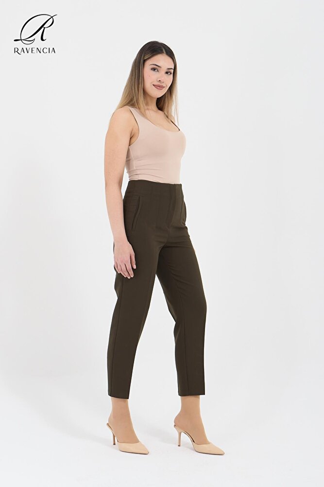 Kadın Model Yüksek Bel Kumaş Koyu Kırmızı Pantolon