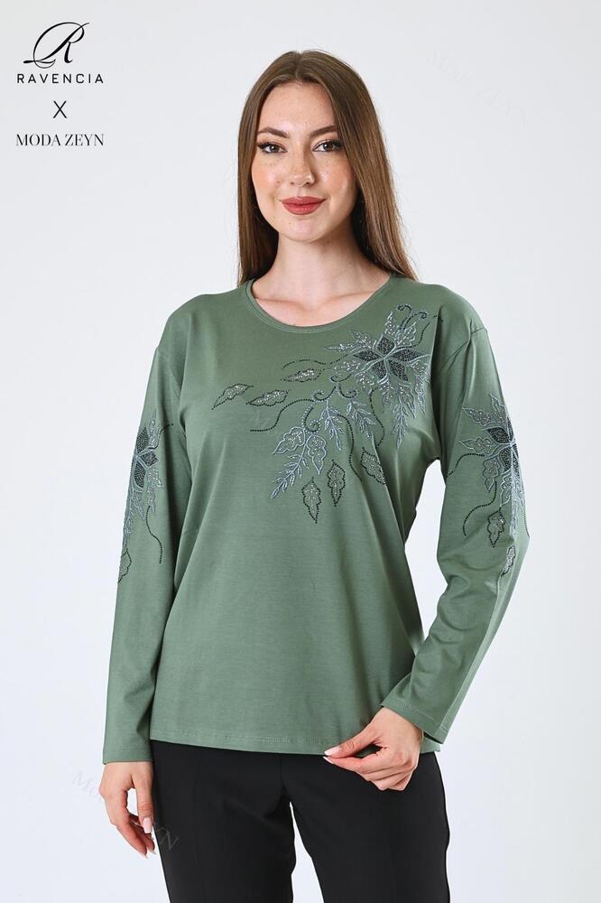 Kadın Orta Yaş Ve Üzeri Viskon Çiçek Desen Taşlı Işlemeli Likralı Anne Penye Bluz