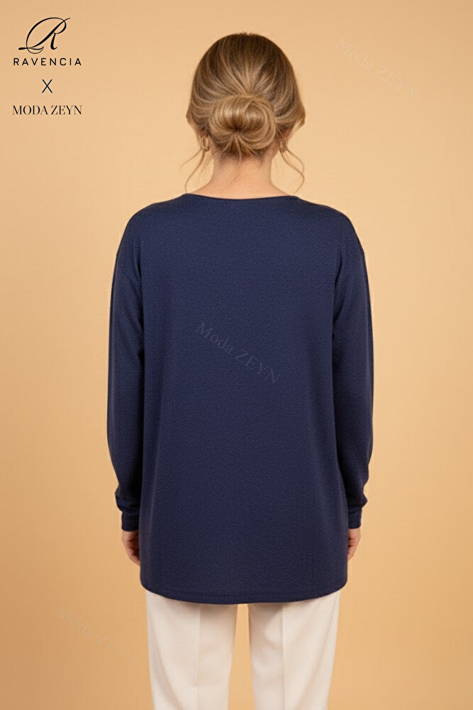 Kadın Çiçek Desenli Taşlı Likralı Yırtmaçlı Yün Anne Penye Bluz