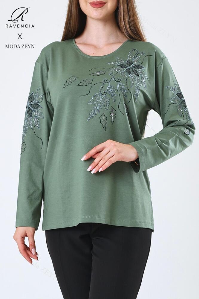 Kadın Orta Yaş Ve Üzeri Viskon Çiçek Desen Taşlı Işlemeli Likralı Anne Penye Bluz