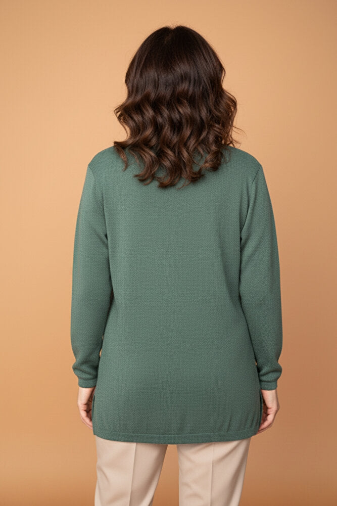 Kadın Bisiklet Yaka Likralı Desenli Triko Anne Kazak