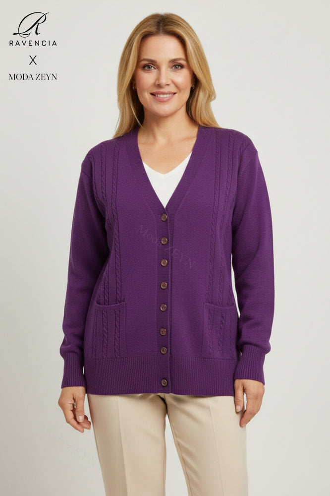 Kadın V Yaka Düğmeli Triko Anne Hırka