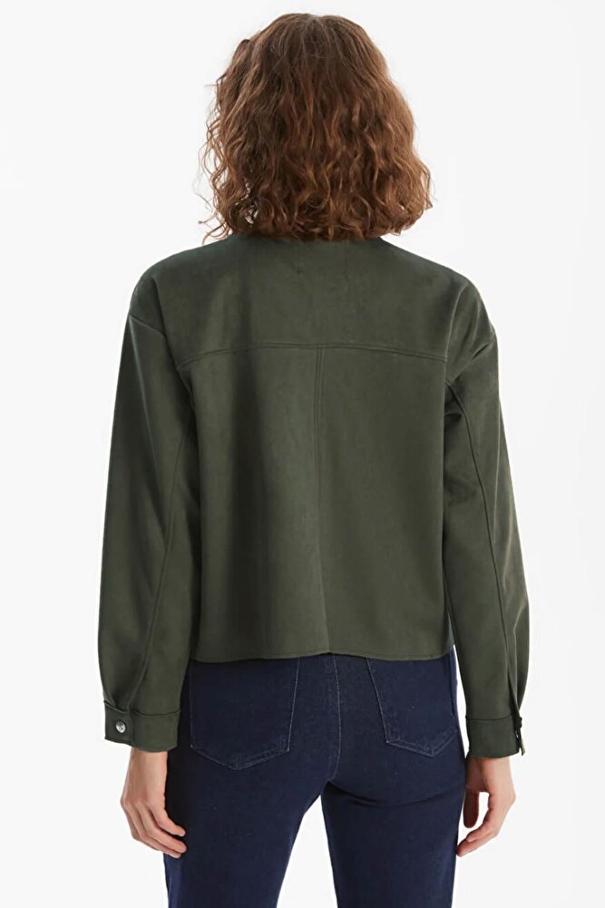 Kadın Gold Düğme Detaylı Haki Süet Gömlek