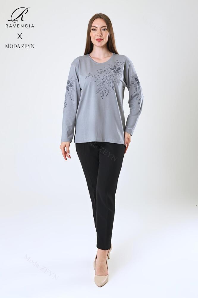 Kadın Orta Yaş Ve Üzeri Viskon Çiçek Desen Taşlı Işlemeli Likralı Anne Penye Bluz