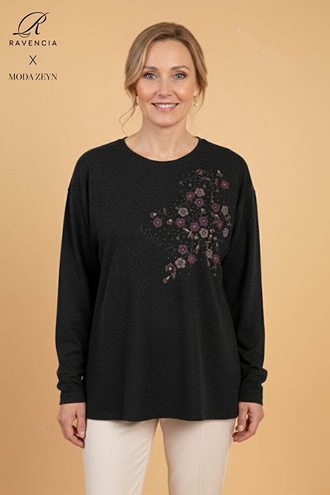 Kadın Çiçek Desenli Taşlı Likralı Yırtmaçlı Yün Anne Penye Bluz