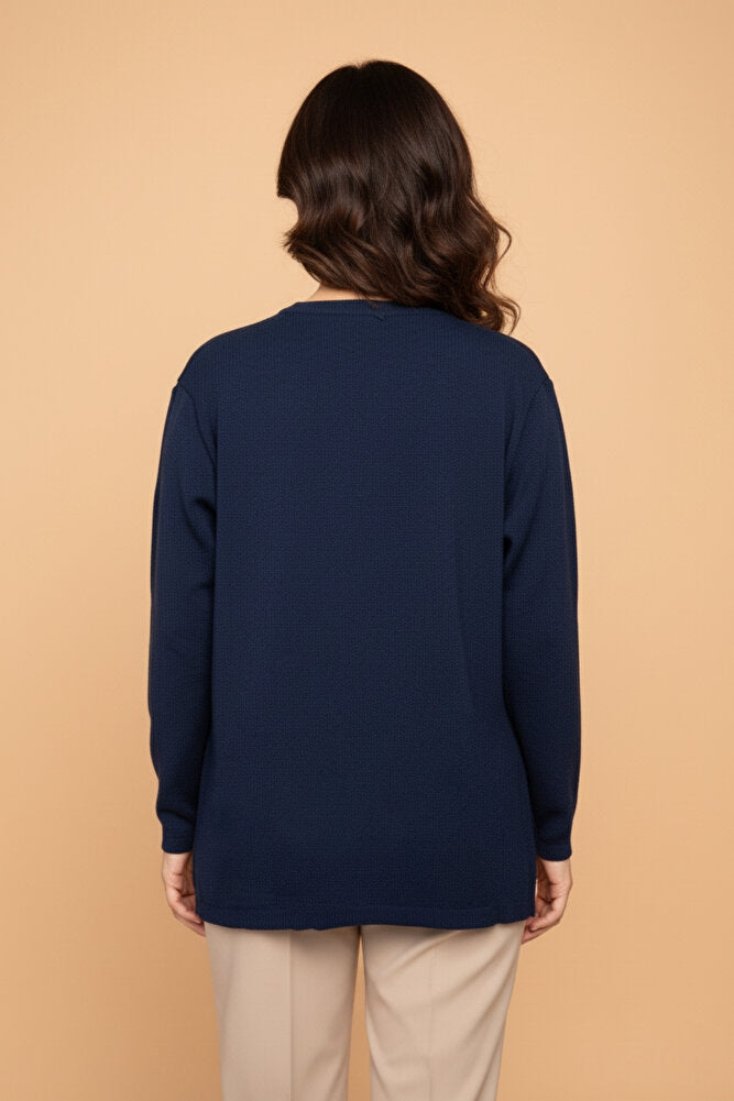 Kadın Bisiklet Yaka Likralı Desenli Triko Anne Kazak