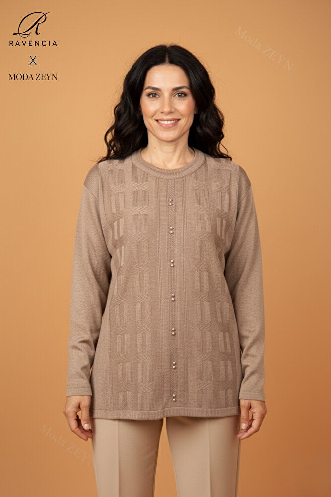 Kadın Bisiklet Yaka Likralı Desenli Triko Anne Kazak