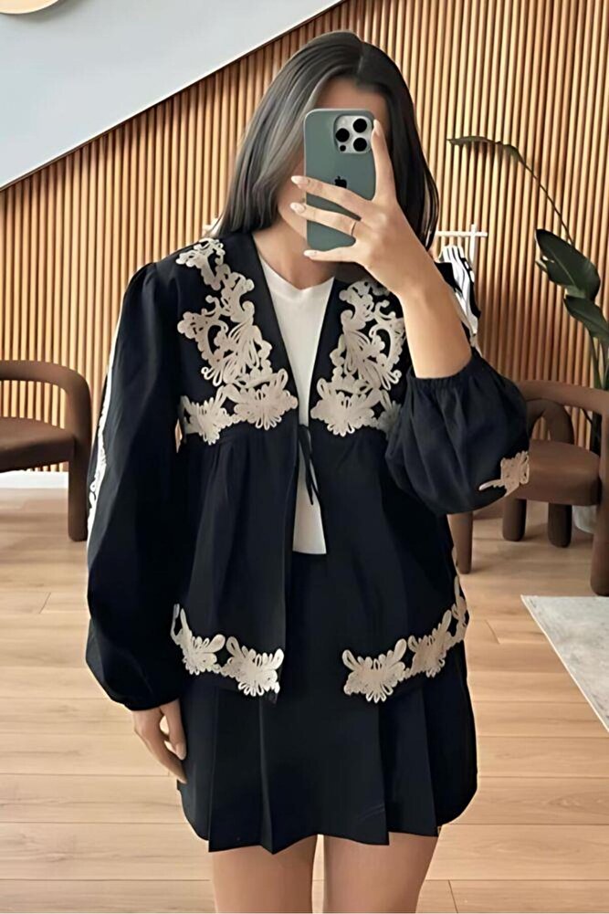 Kadın Çiçek Nakışlı %100 Pamuk Yazlık Kimono Ceket